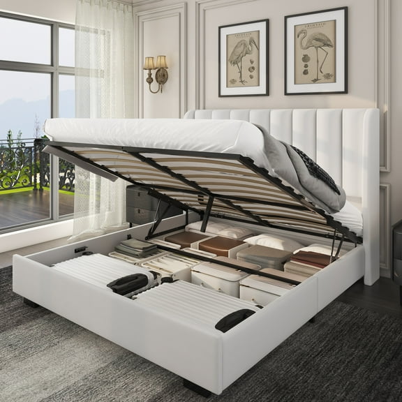 Queen Size Lift Up Storage Bed Frame with 51" Tall Headboard, Upholstered Velvet Wingback Tufted Platform Bed, No Box Spring Required, Noise-Free Queen Bed Frame with Hydraulic System (Queen,White)