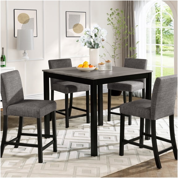 Light Gray and Black 5-Piece Counter Height Dining Set with Square Table and Upholstered Chairs for Kitchen and Dining Room