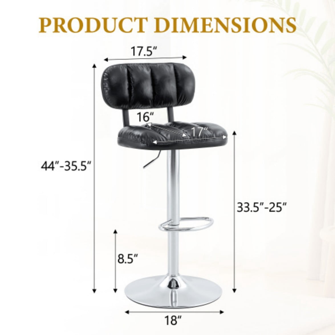 Set of 2 Adjustable Bar Stools, PU Leather Counter Height Chairs with Chrome Base & Footrest for Kitchen Island, Home Bar & Game Room, Black & Silver