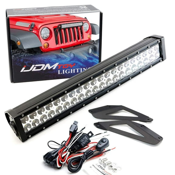 Front Grille 20-Inch LED Light Bar Kit For Jeep 2007-17 Wrangler, Includes (1) 120W High Power LED Lightbar, Grill Front Mounting Brackets & On/Off Switch Wiring Kit