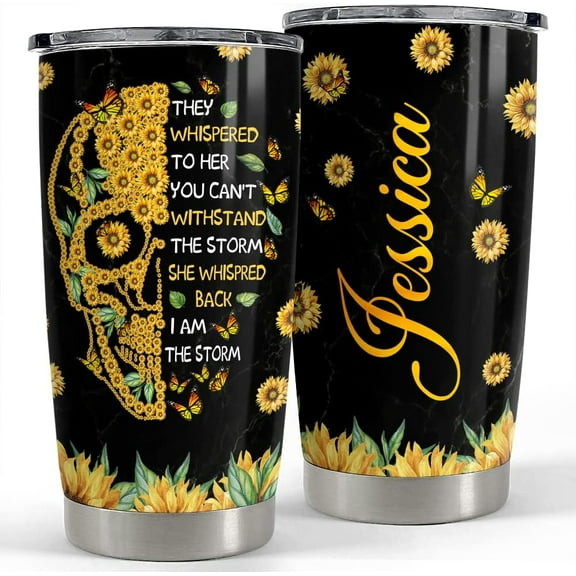 Personalized Skull Sunflower Tumbler Custom Name 20oz Tumblers with Lid Gift for Women Friends Skull Lovers Birthday Christmas