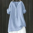 thumbnail image 3 of Summer Plus Size Tops for Women V Neck 3/4 Roll Sleeve Casual Button Cotton And Linen Tunic Shirts Solid Color Loose Blouses Blue L, 3 of 3