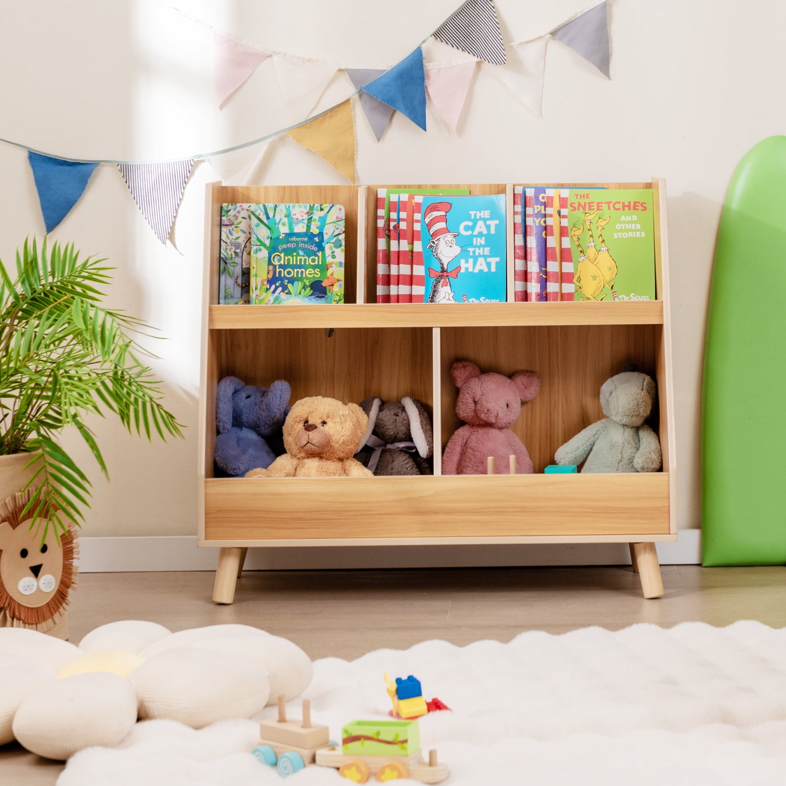 Infans 5-Cube Kids Bookshelf and Toy Organizer Wooden Storage Bookcase w/ Wood Legs