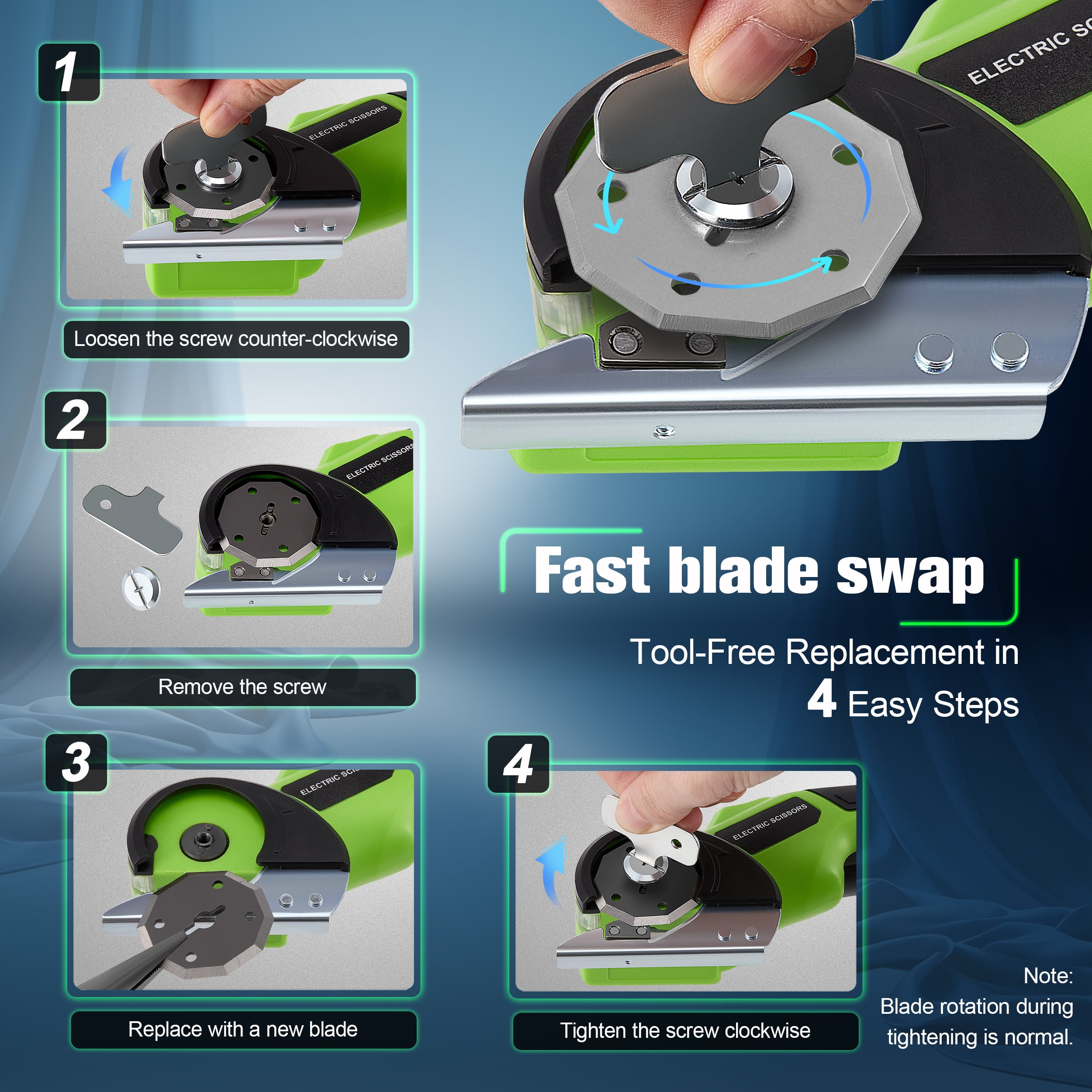 RELOIVE Cordless Electric Scissors,4.2V Rechargeable Rotary Cardboard Cutter, 2000mAh Battery, with LED Light, 2 Blades, Box Cutter for Fabric Carpet Carton Plastic Leather Cloth