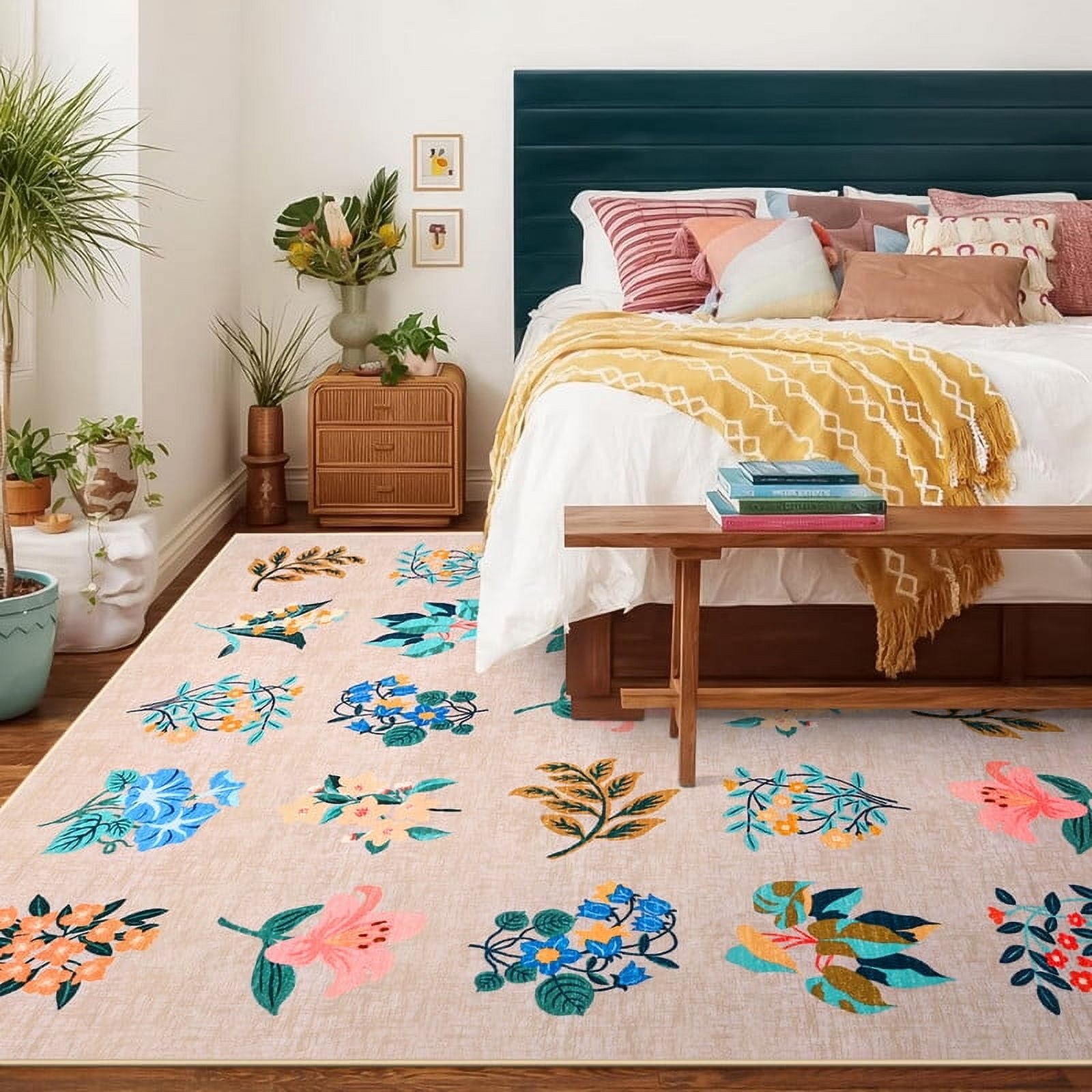 Jamfeel Rugs for Living Room Classic Boho Floral Print Floor Carpets Soft Low Pile Non-slip Washable Area Rug 6'x9' Beige