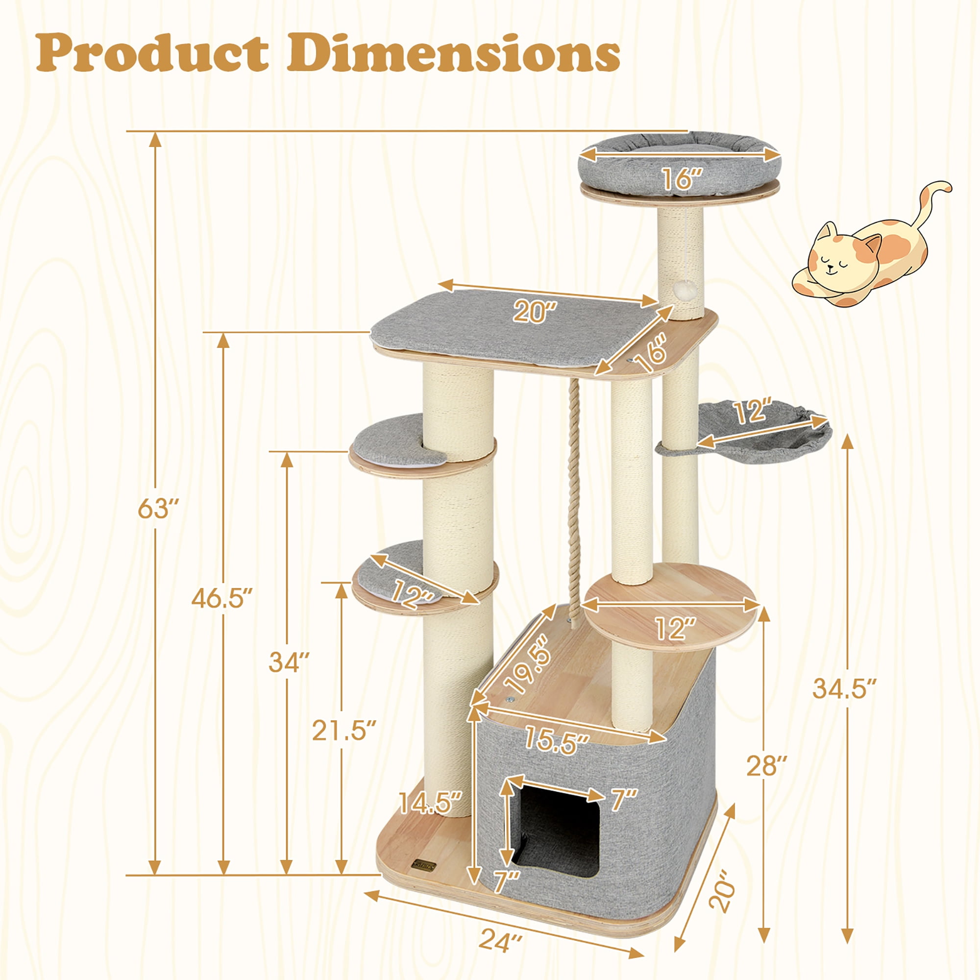 Gymax 63'' Tall Modern Cat Tree w/ Perch Condo Hammock 5.6'' Scratching Posts