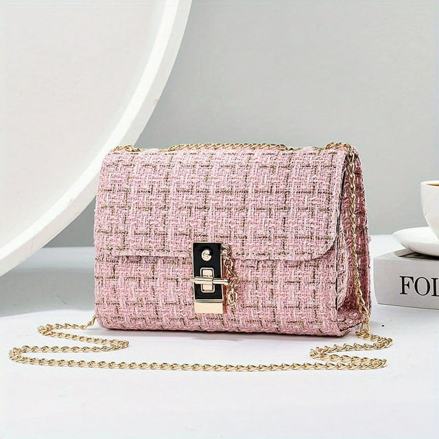 Elegant Mini Tweed Chain Crossbody Bag - Women's Luxury Square Purse Handbag, Mini Shoulder Bag with Chain Strap, Elegant Design, and Spacious Interior