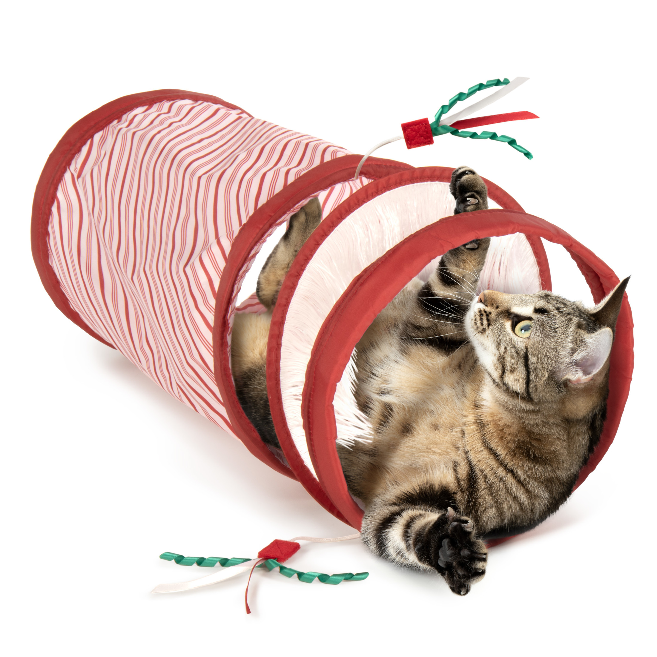 SmartyKat Holiday Fringe Frenzy Candy Cane Spring-Ended Tunnel Cat Toy with Fringe & Teaser Toys, 3 in 1