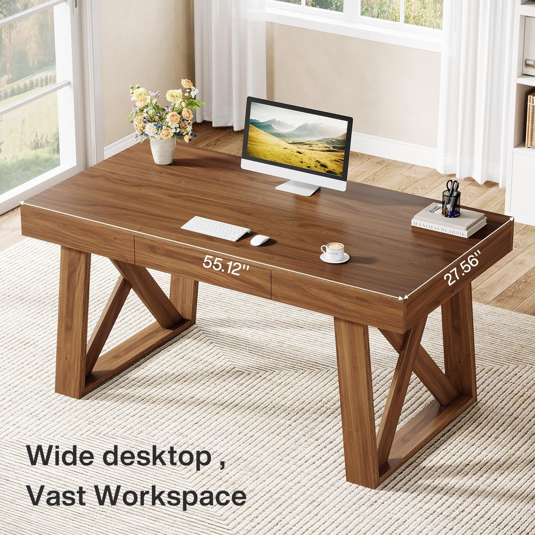 Tribesigns 55" Executive Desk with Drawer, Retro Brown Computer Office Desk with Wide Desktop , Modern Business Workstation Table for Home Office