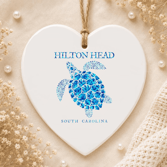 Hilton Head Island South Carolina Sea Turtle Souvenir Beach 2D FLAT HEART Ceramic Ornament
