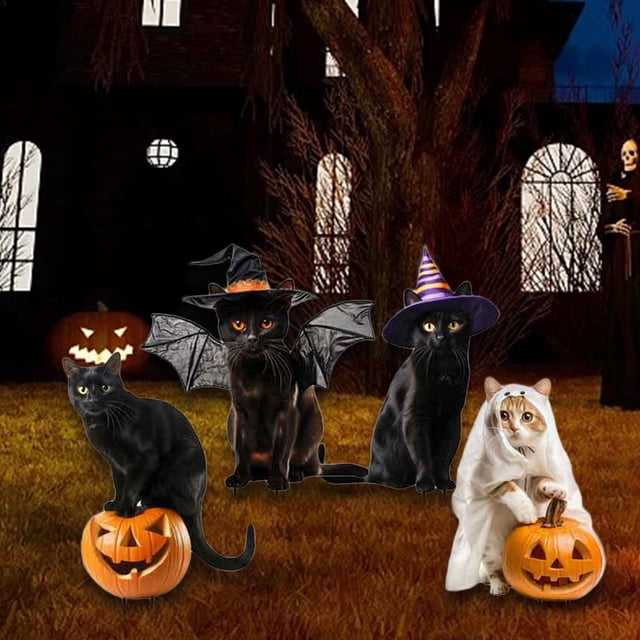 4 estatuas de gato para jardín, estacas para jardín, decoración de Halloween, lindo letrero de césped, figuras de gatito, inserto de suelo para
