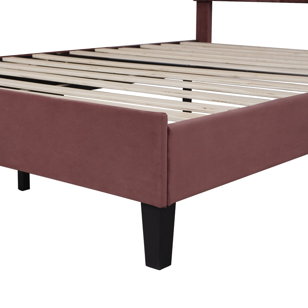 Queen Size Upholstered Platform Bed with Flower Headboard,Velvet Bed Frame for Kids Boys Girls,Bean Paste Red