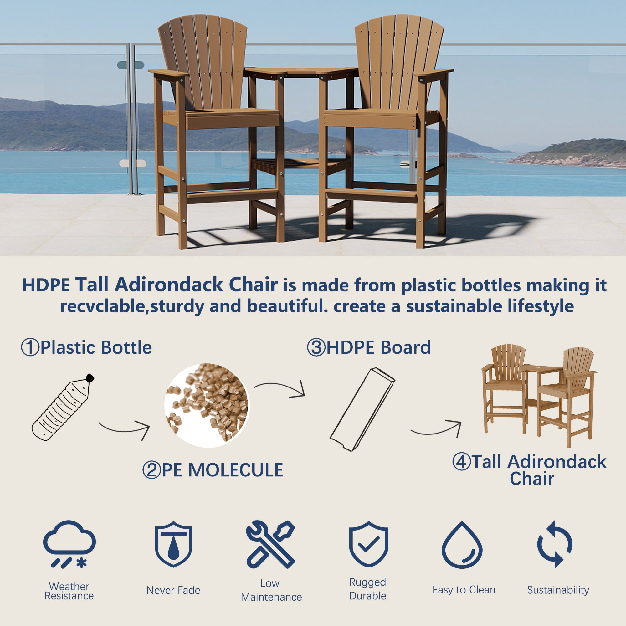 FOOWIN Tall Adirondack Chair Set of 2, HDPE All-Weather Adirondack Bar Stools with Connecting Tray,  Teak