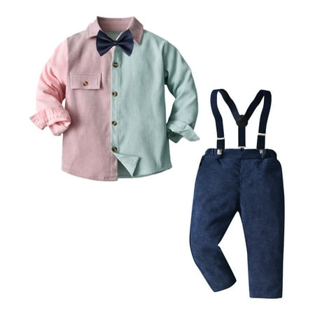

Toddler Boys Long Sleeve Contrast Color T Shirt Tops Pants Child Kids Gentleman Suspender Pants Outfits For 2-3 Years