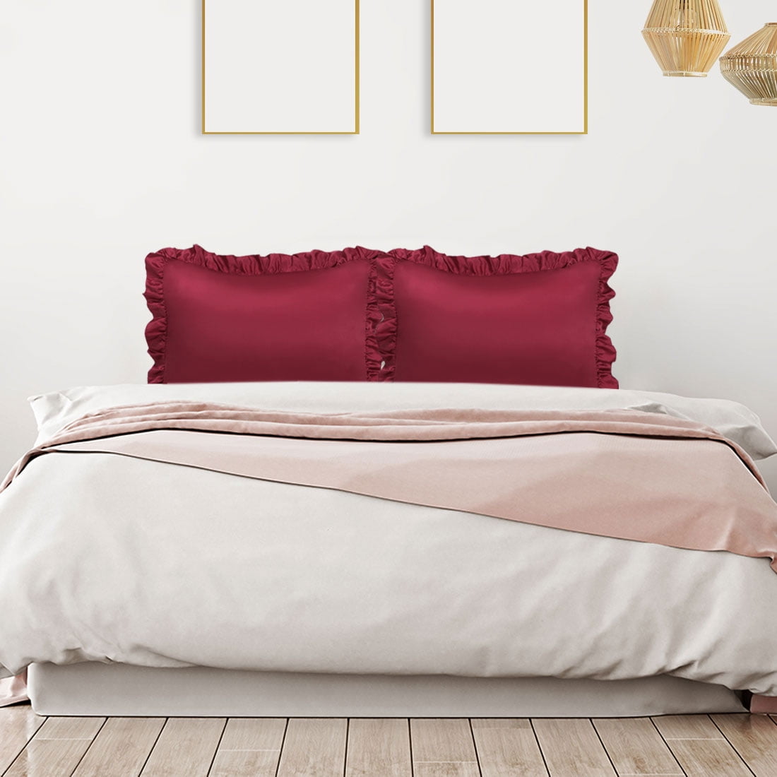 Unique Bargains 2-Piece Satin Ruffled Edge Pillowcases, Standard, Burgundy