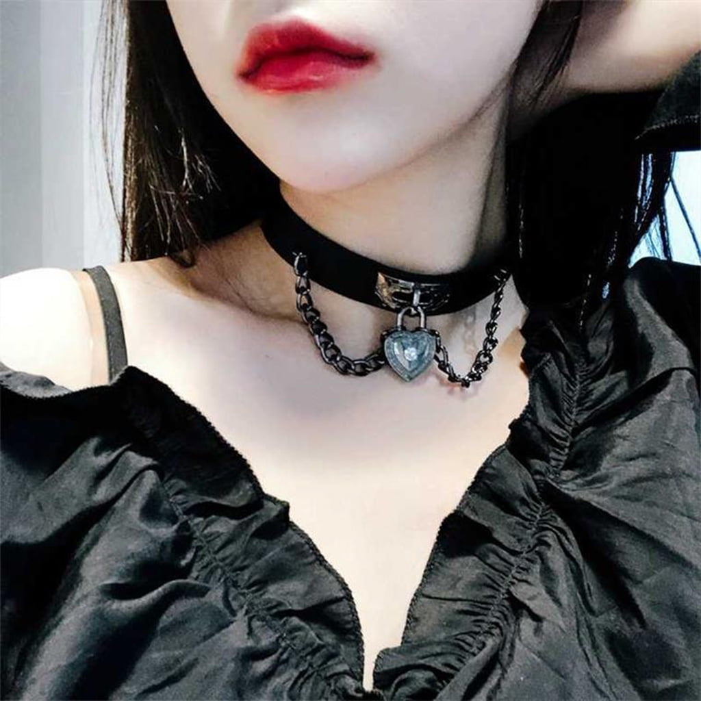 Metal Chain Heart Lock Leather Punk Choker Necklace Gothic Collar for Women  Men