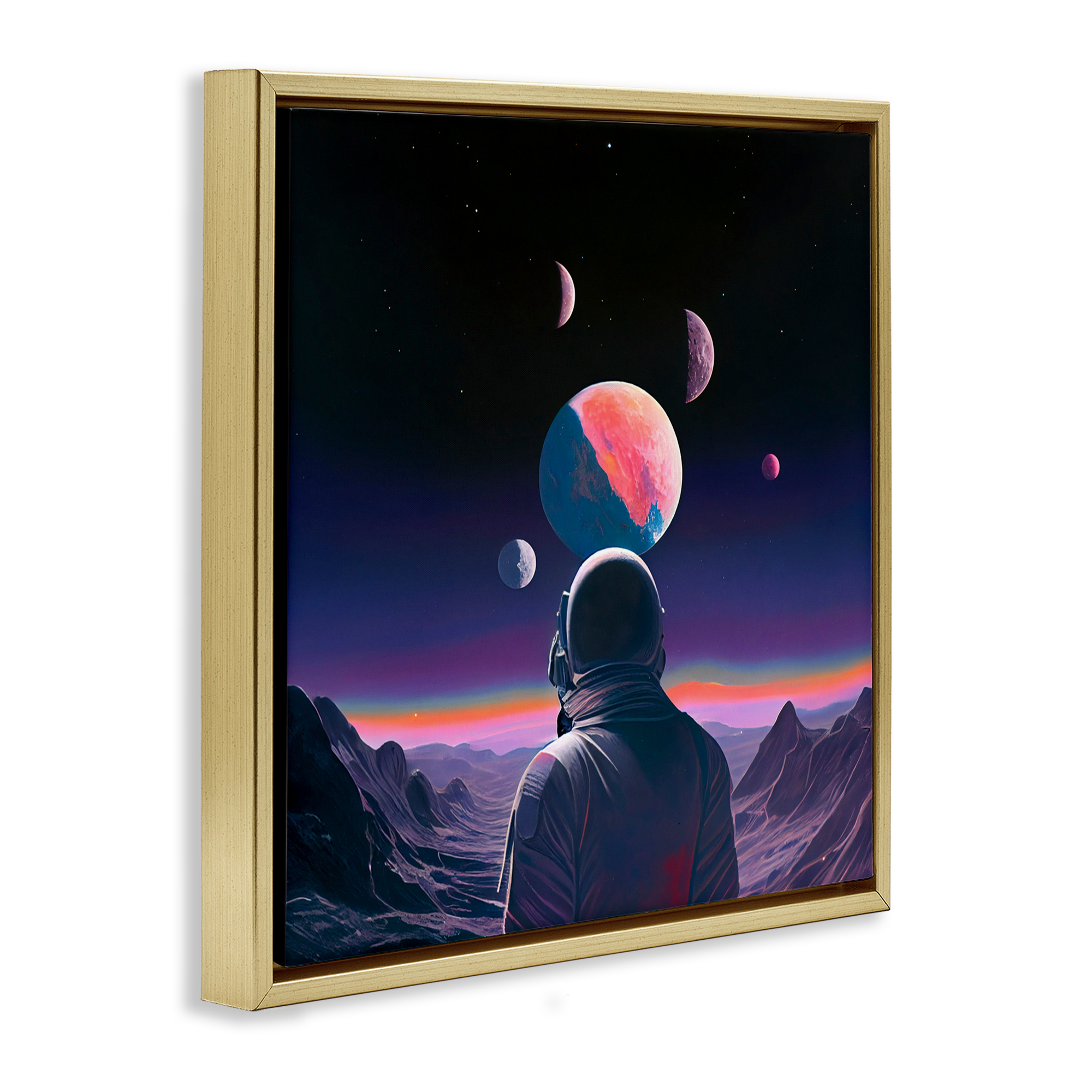Astronaut & Purple Toned Terrain Gold Framed Floater Canvas Wall Art, design by Sasha