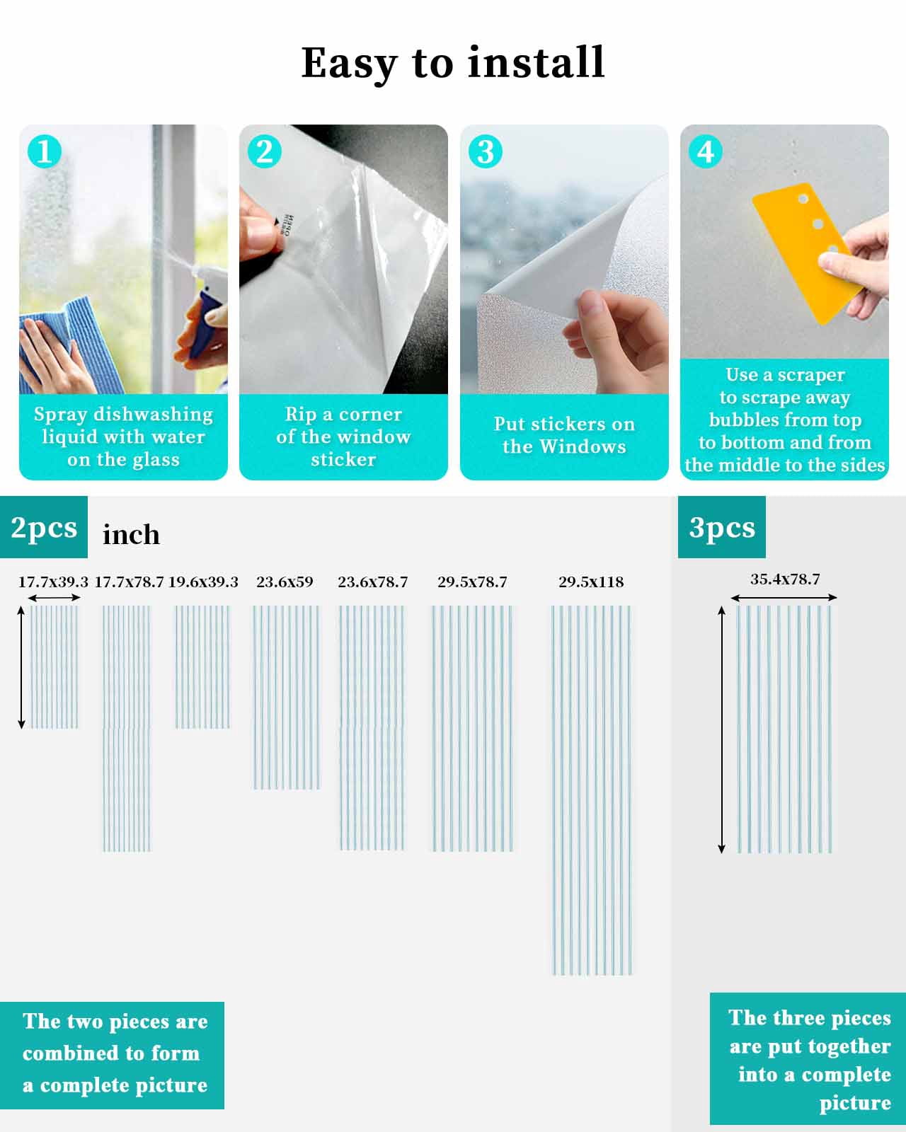 Window Privacy Film,Bluish Green Stripes UV Sun Blocking Window Tint Film Heat Control One Way Blackout Window Film,Geometric Vertical Linens Modern Minimalism Non Adhesive Static Cling 19.6x39.3 In