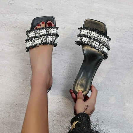 

Tangnade Slippers for Women on Sale Summer New High-Heeled Pearl I-Shaped Shoes For Daily Office Women