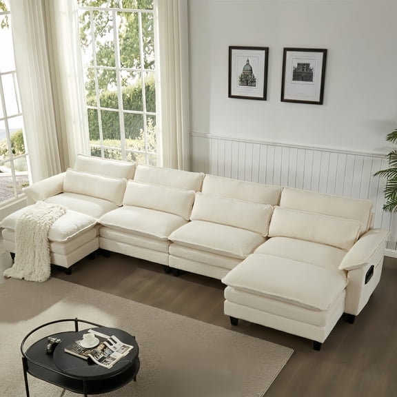 EPOWP 148'' Modular Sectional Sofa,U Shaped Couch with Movable Ottoman, Convertible Sectional Couches with Deep Seat, 4 Seat for Living Room Comfy Cloud Sofa with USB Side Pockets & Charging(Beige)