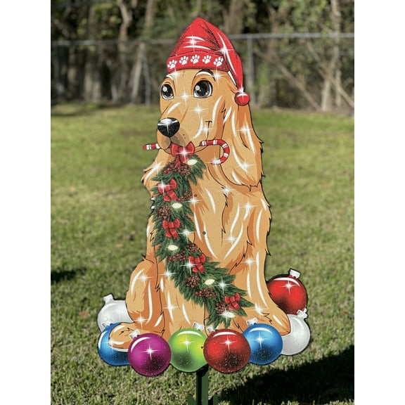 Golden Dog Standing on Christmas Bulbs Outdoor Decoration