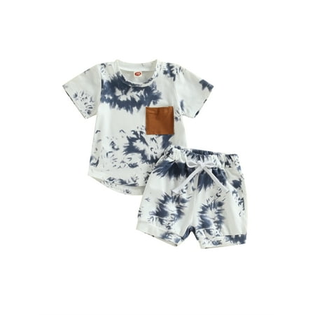 

Infant Baby Boys Casual Clothes Sets Tie-dye Print Short Sleeve Pocket T-shirt with Elastic Waist Shorts