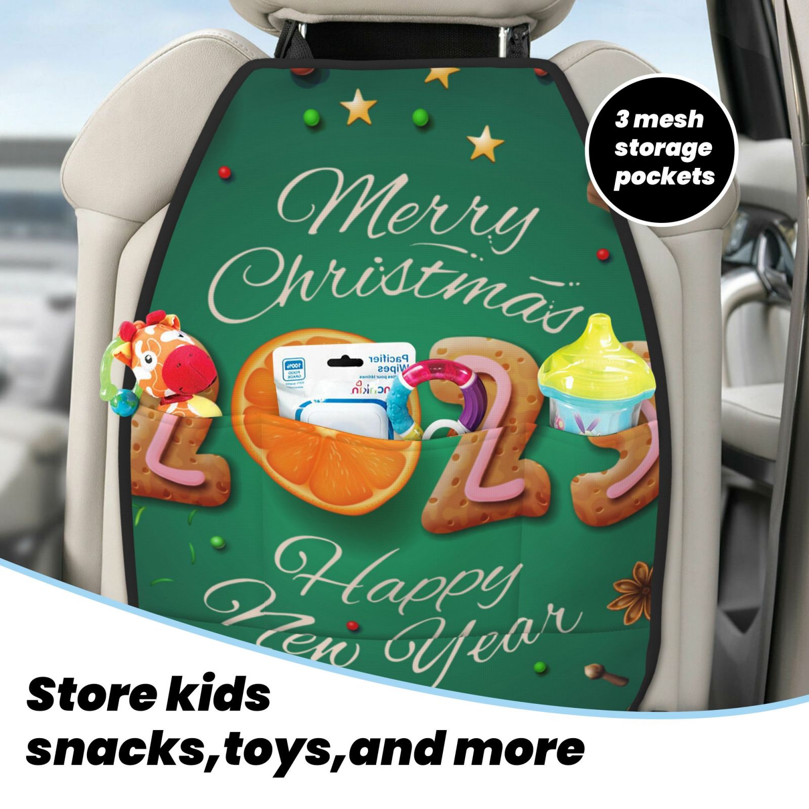 Kdxio Merry Christmas 2025 Print 2 Pack Car Kick Mat Seat Cover Back Protector Mat with Pockets for Organizer Backseat Protector and Storage Anti Kick Pad for Vehicles