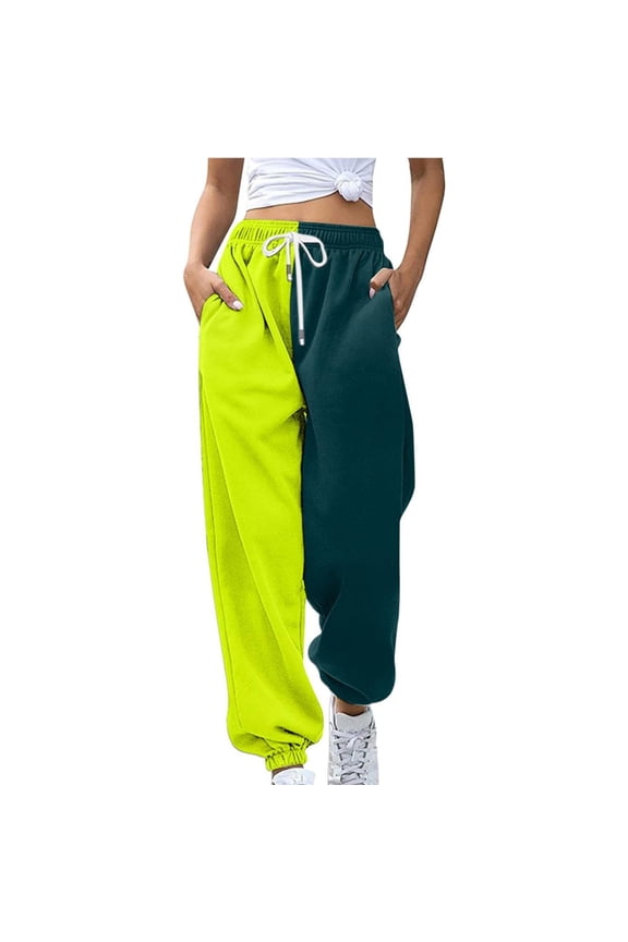 Sweatpants Women Fashion Women's Loose Breathable Colorblocking Casual Pants Side Pockets Leg Opening Drawstring Seasonal Casual Pants Sweatpants A-Green