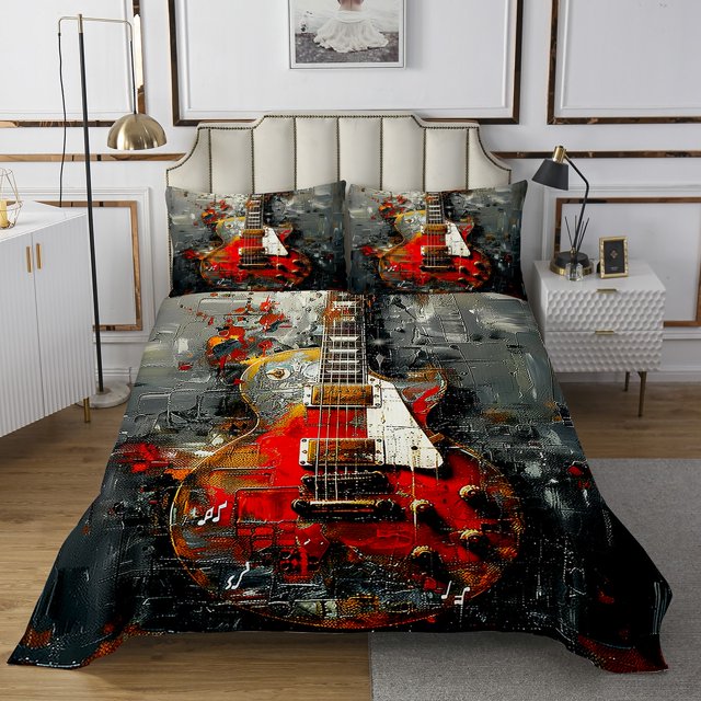 Erosebridal Ensemble de Couvre-Lit Hip-Hop Grand Lit, Ensemble de Literie Guitare Rétro, Décor Notes de Musique, 3 Pcs