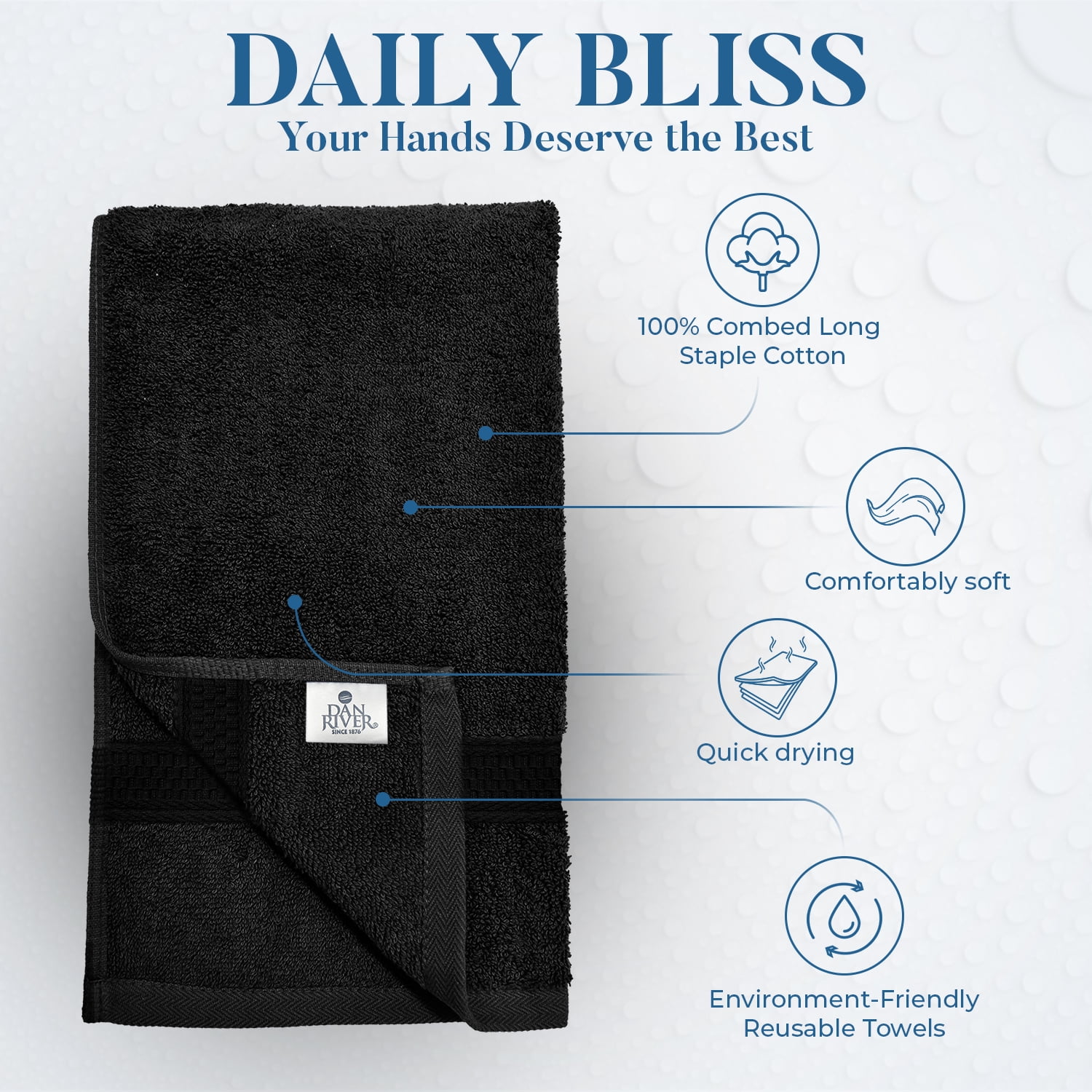Dan River Hand Towel pack of 6 Quick Dry And Absorbent Cotton Towels for Bathroom - Black 16x28in