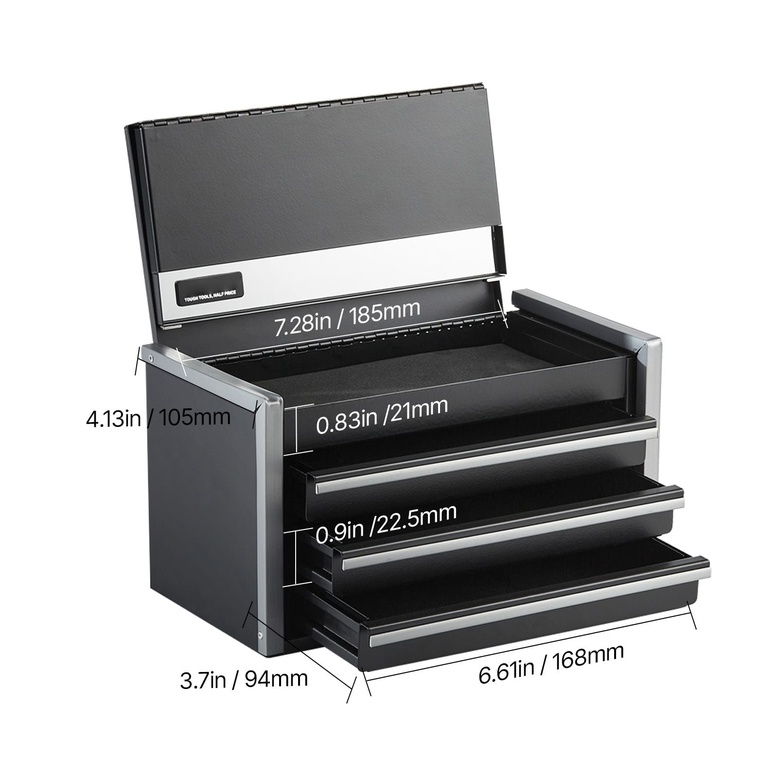 Metal Tool Box 8.6 Inch 3 Drawers 0.5mm Thickened Steel Powder Coated with EVA Liners PP Feet for Office Workshop Storage Black