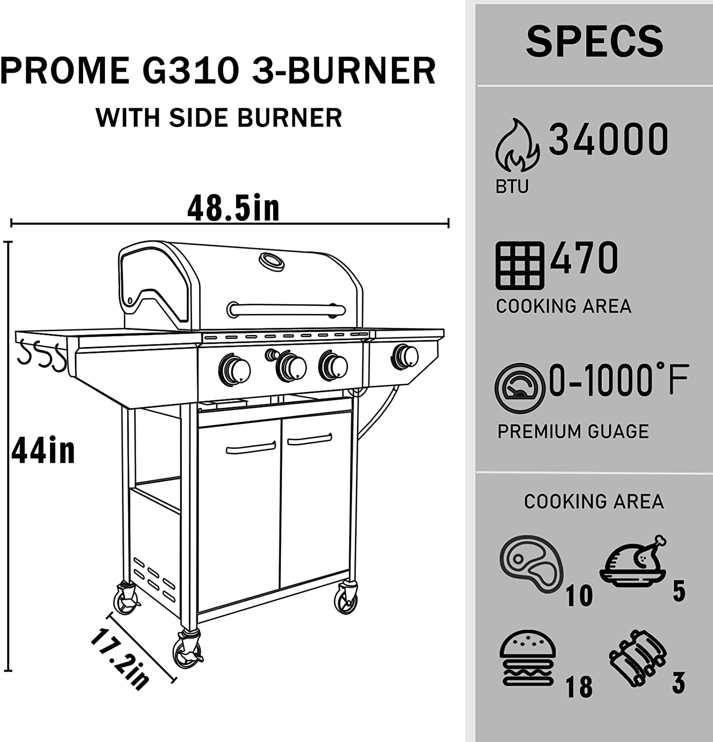 DIMAR GARDEN 3-Burner Propane Gas Grill with Side Burner, Outdoor Cabinet Grill for BBQ, Stainless Steel - image 3 of 9