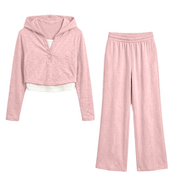 AherBiu Toddler Kids Teen Girls 2 Piece Outfits Long Sleeve 2 in 1 Pullover Hoodie with Straight Leg Yoga Pants Sets Loungewear Sweatsuits(1-2Years,Pink)