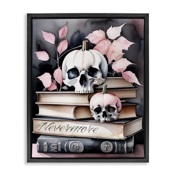 Stupell Industries Spooky Skull Book Stack Floral Painting Black Floater Framed Canvas Art Print Wall Art, 17 x 21