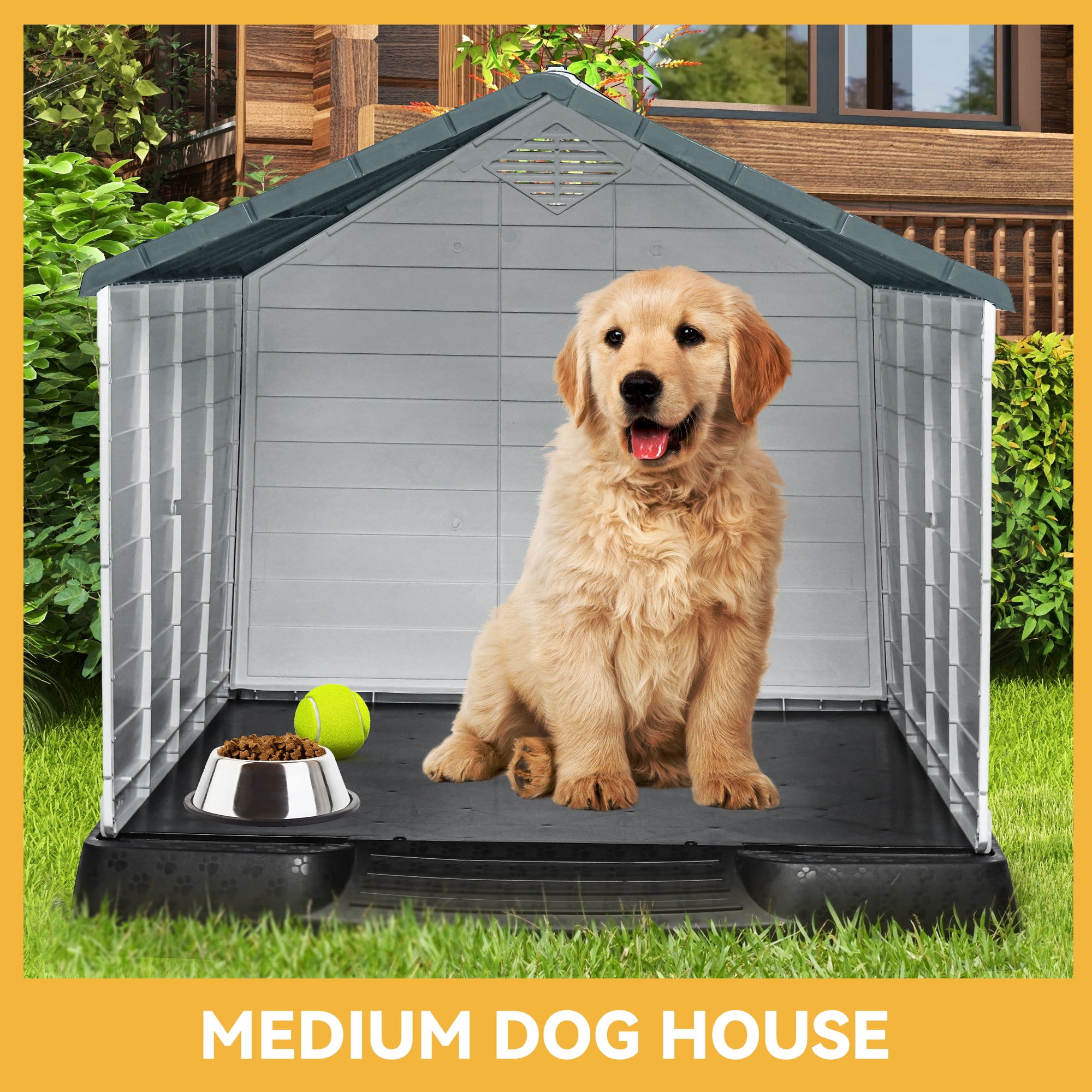 Dextrus 28" Plastic Dog House, Waterproof with Elevated Floor & Air Vents, Easy Clean & Assemble, Gray