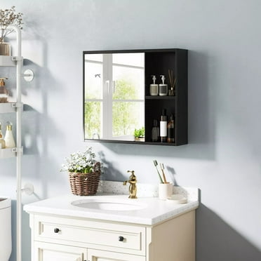 Auranook Bathroom Medicine Cabinet with Mirror, Wall Mounted Storage Cabinet with Single Door, 2 Adjustable Shelves & 2 Open Shelves, Space Saver