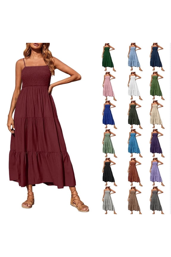 Womens Dresses Bohemian Spaghetti Strap Smocked Tiered Long Beach Sun Dresses Sleeveless Solid Maxi Dress