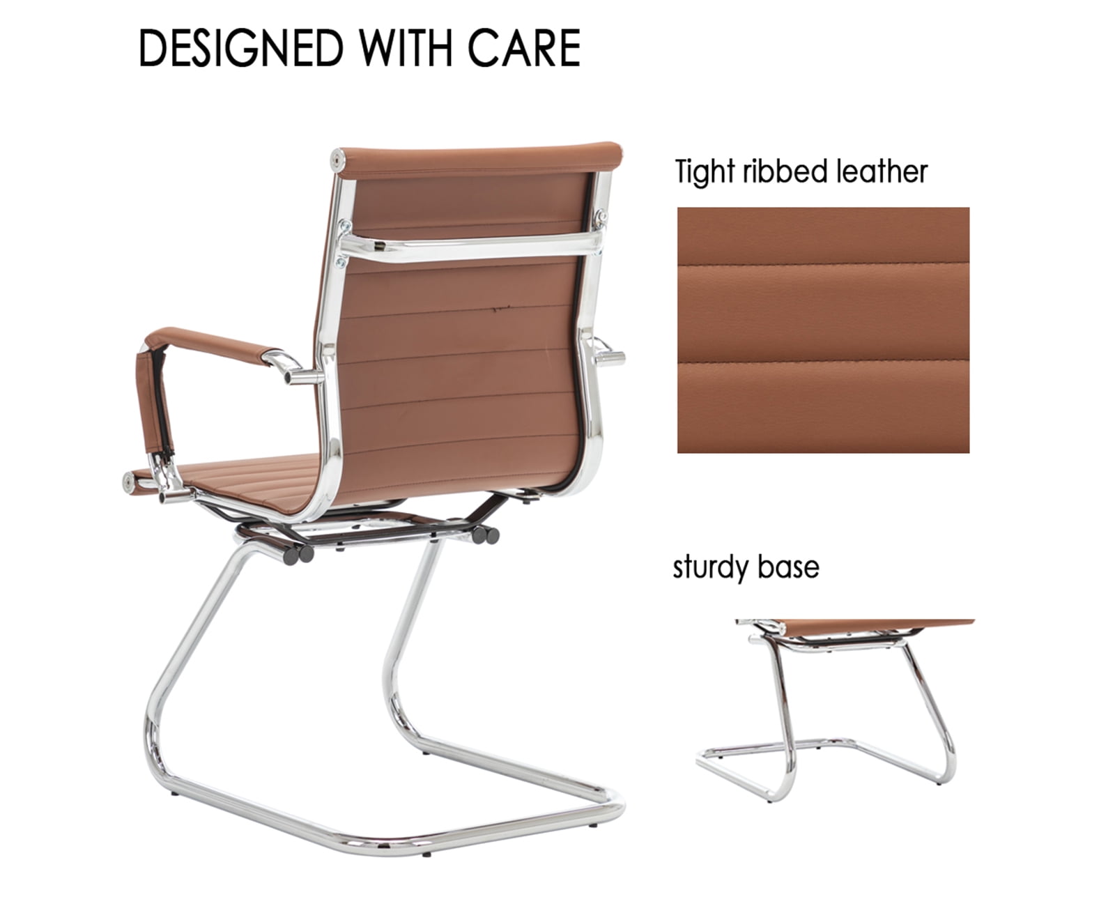Guyou Modern Mid Back Office Guest Chair Set of 2, Faux Leather Reception Chair Computer Chair with Armrests and Metal Sled Base for Meeting/Waiting/Conference Room, No Wheels, Coffee