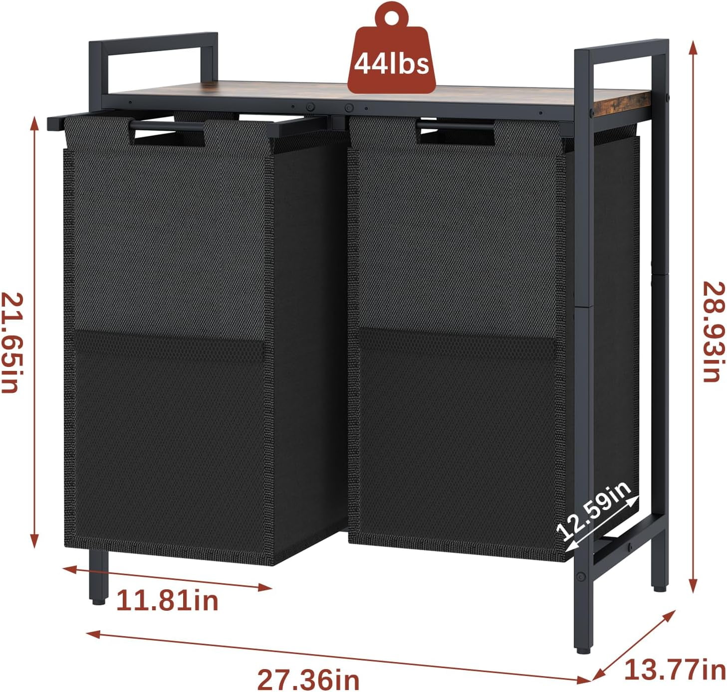 aboxoo Laundry Hamper, double Laundry Basket, Laundry Sorter with Top Shelf & 2 Removable Washable Bags & Side Pockets for Laundry Room organization, Bathroom and Dorm, Rustic Brown and Black