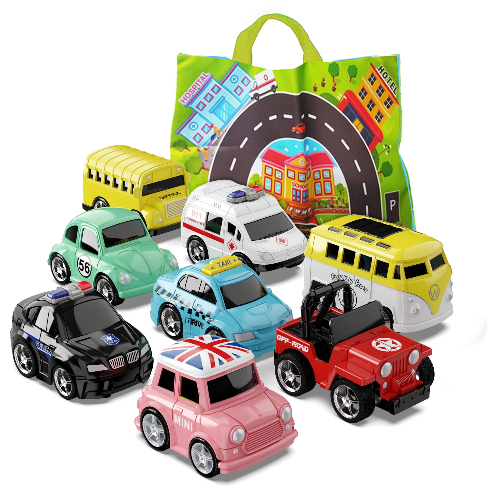 HONGTUO Toddler Car Toys and Playmat Storage Bag(8 Sets) City vehicle