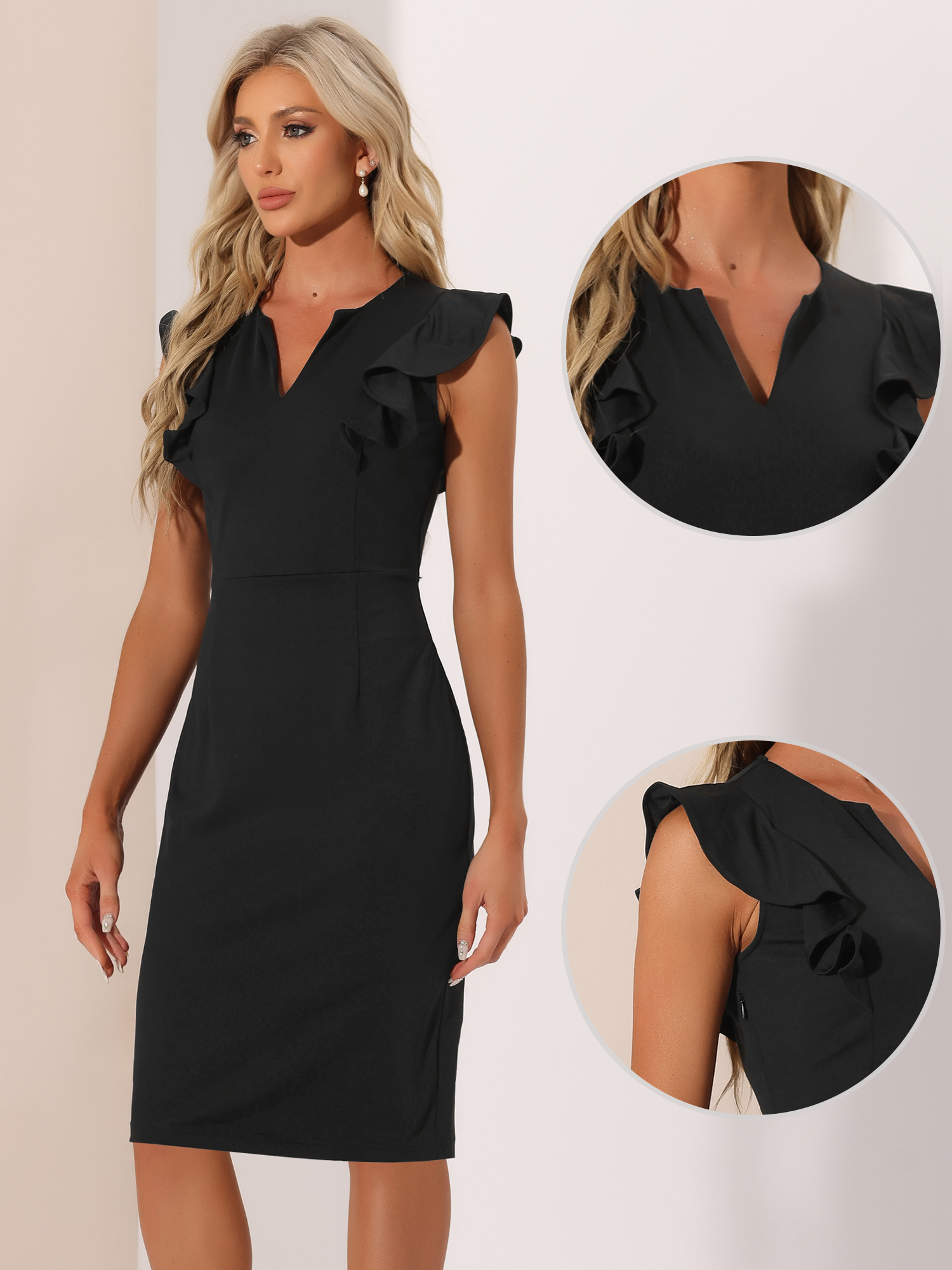 DARING DIVA Sheath Ruffles V Neck Split Work Pencil Dress S Black