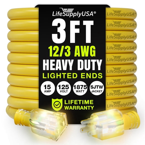 3ft Power Outdoor Extension Cord & Indoor - Waterproof Electric Drop Cord Cable - 3 Prong SJTW, 12 Gauge, 15 AMP, 125 Volts, 1875 Watts, 12/3 by LifeSupplyUSA - Yellow (1 Pack)