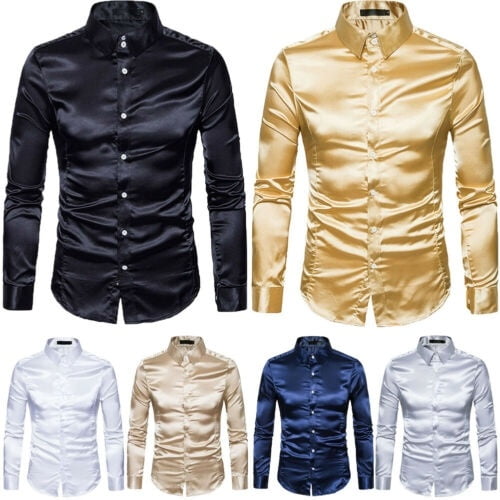 Meihuida - Men's Silk Satin Long Sleeve Shirt Ruffled Vintage Wedding Tuxedo Dress Shirts