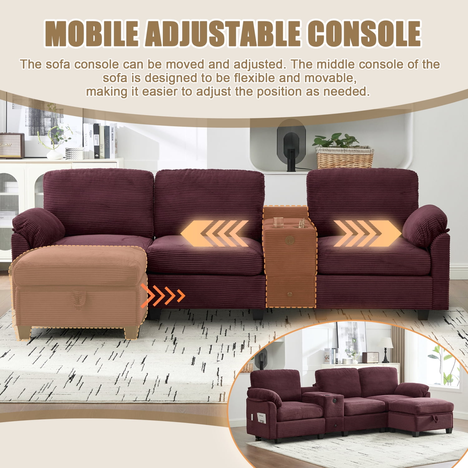Leumius L-Shaped Sectional Sofa for Living Room,105" Modular 4-Seater Upholstered Sofa Couch with Cup Holder/USB Interface/Storage Box,Rose Red