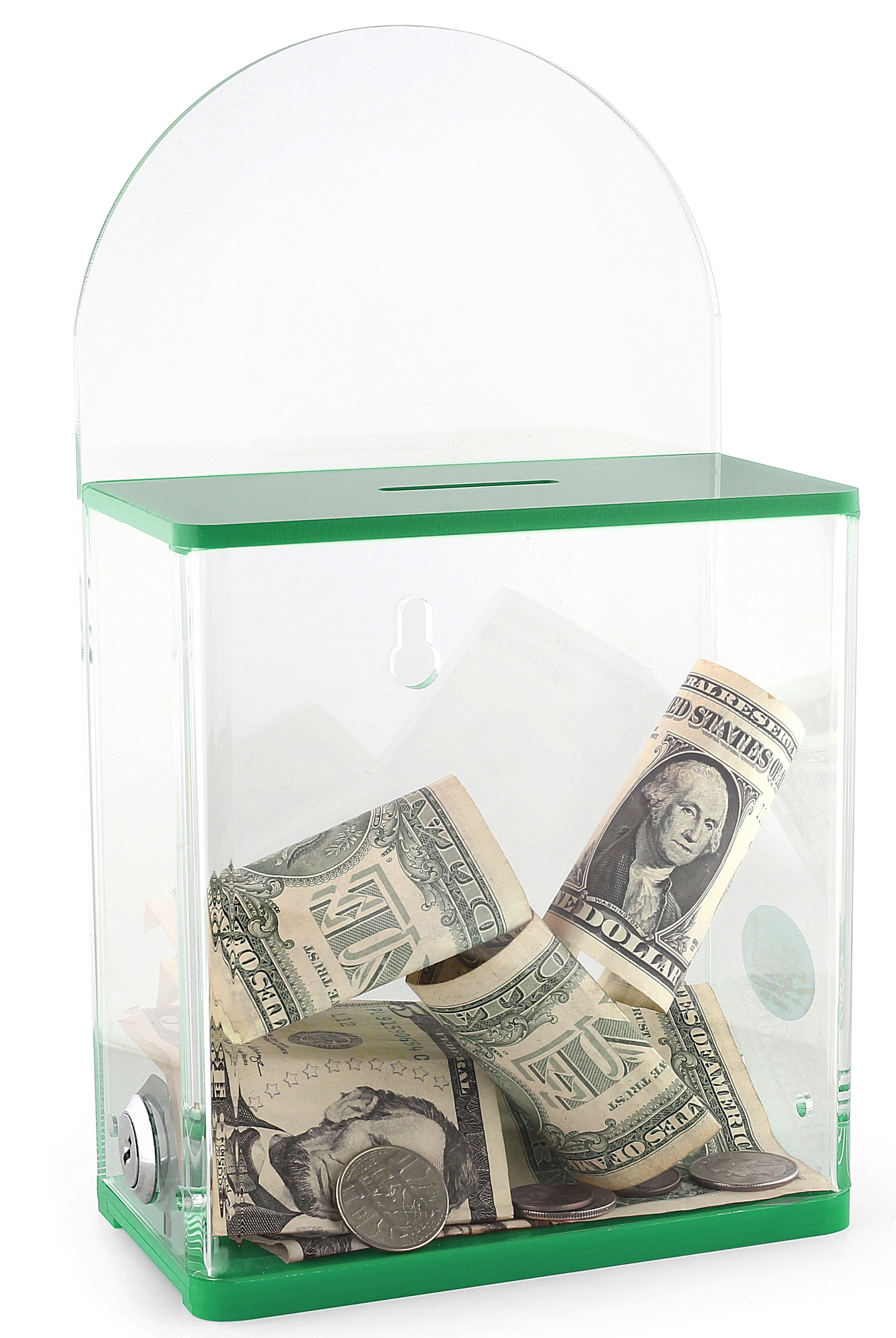 Acrylic Donation Suggestion collection Box Pre Drilled Holes For Wall mounted Or Retail Countertop Tip Box with round back wall display area 10 x 6 inches, Lock With set of keys Green