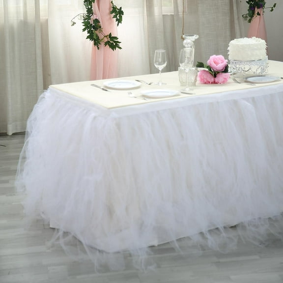 Efavormart 21ft FULL SIZE 4 Layer Fluffy Tulle - Tutu Table Skirt for Dining Catering Wedding Birthday Party Events - White