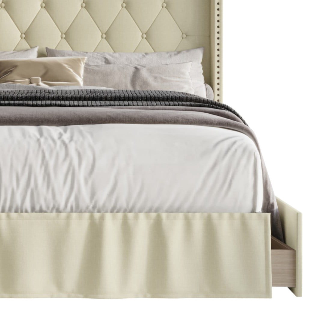 Home Design Andrea Queen Upholstered Storage Panel Bed Frame, Button Tufted Linen Wingback Headboard, Beige – Modern Adult Bedroom Furniture