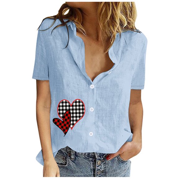 Summer Saving Wycnly Cute Tops for Women Plaid Heart Print V-Neck Short Sleeve T shirts Summer Casual Button Down Lapel Cotton Linen Cardigan Blouses Blue M Under $5