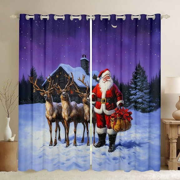 jejeloiu Father Christmas Black Out Curtains,Xmas Reindeer Curtains Pack of 2 (42x63 Each),Western Farmhous Lodge Bedroom Curtains,Microfiber Bedroom Decor