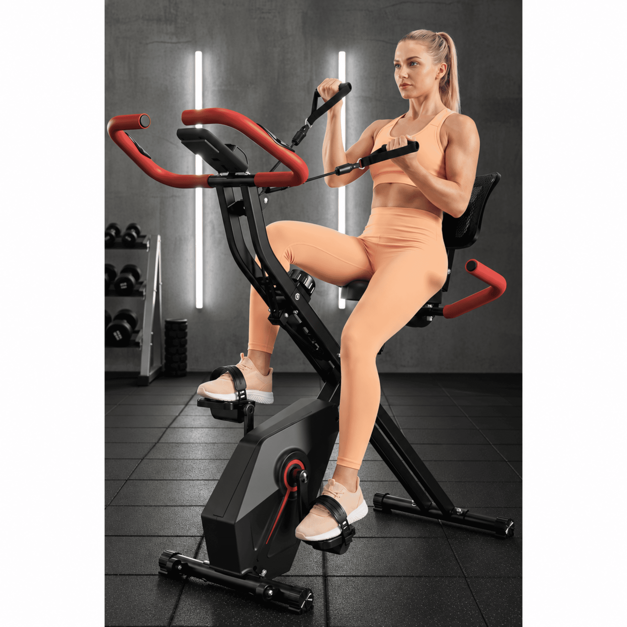 USLIM Foldable Exercise Bike for Home Workout with Backrest, Resistance Bands, Pulse Sensors, Adjustable Resistance, Compact Design, 300 lb Capacity